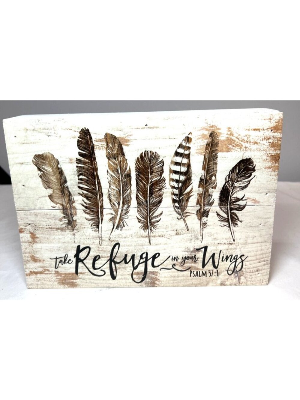 Rustic Wooden Sign With Feather Design & Psalm 57:1 Quote